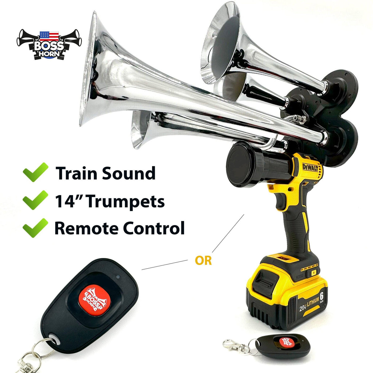 DeWalt Train Horn with chrome trumpets and remote control