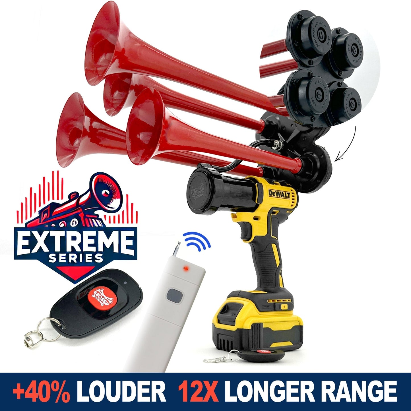 DeWalt Train Horn 20v Extreme Series in red color. Loudest red train horn