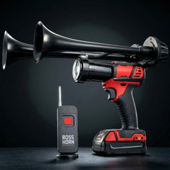 Red and black cordless drill with a remote control on a dark background