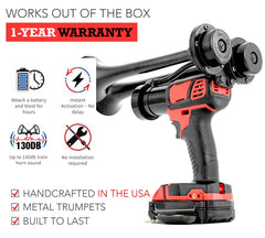 Infographic of black air horn listing 130 dB sound, instant activation, no installation and 1 year warranty
