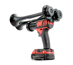 Rear angle of black battery powered dual train horn showing both trumpet back caps and grip handle