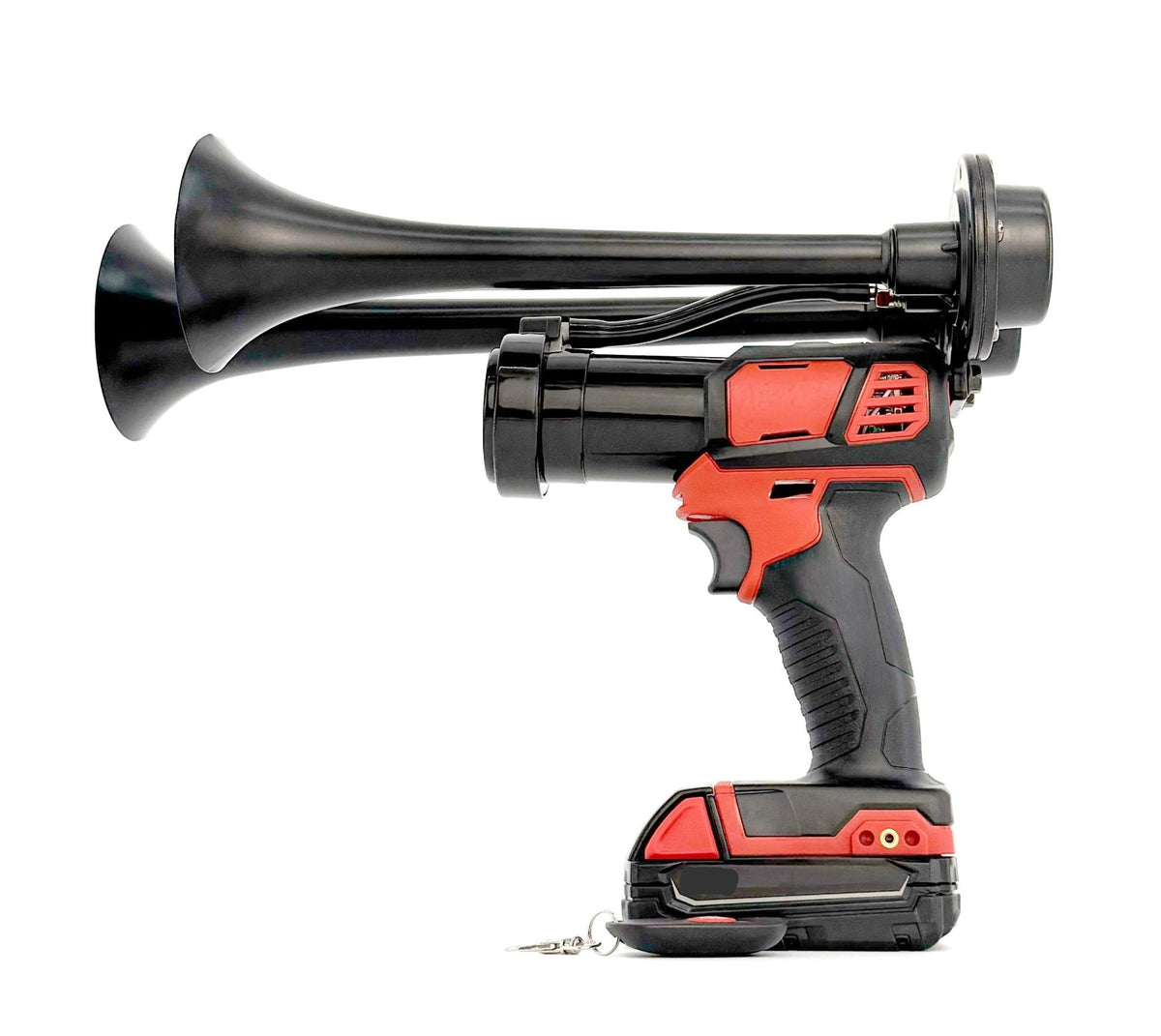 Black dual trumpet air horn in side profile on a Milwaukee® 18v compatible battery, remote below