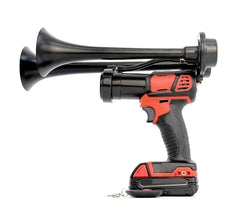 Black dual trumpet air horn in side profile on a Milwaukee® 18v compatible battery, remote below