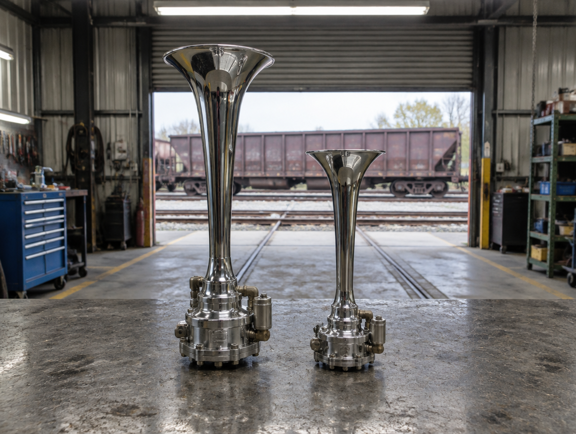 Two chrome trumpet horn assemblies of different size side by side on a depot workbench