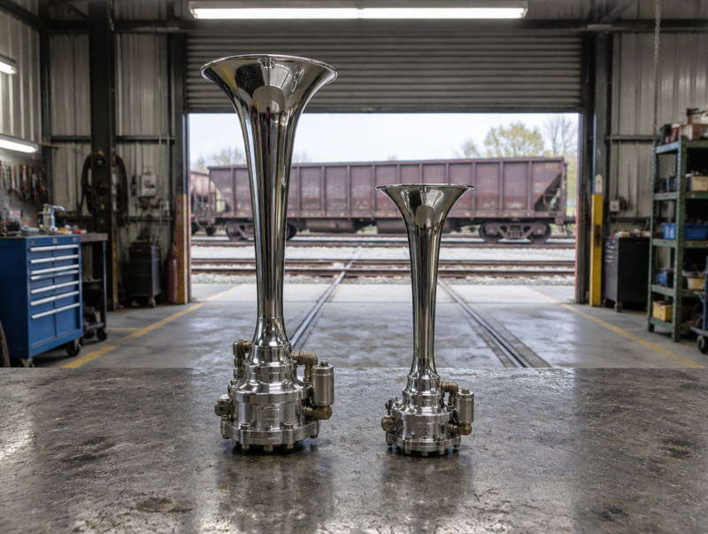 Two chrome trumpet horn assemblies of different size side by side on a depot workbench