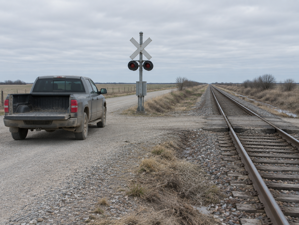 Dusty pickup truck parked near a rural level crossing, with straight railway track stretching into the distance.