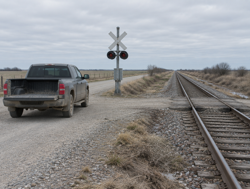 Dusty pickup truck parked near a rural level crossing, with straight railway track stretching into the distance.