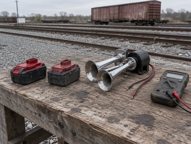 Two red and black cordless tool battery packs beside a chrome air horn on a workbench in a gravel rail yard.