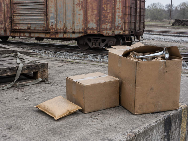 Three plain shipping boxes of different sizes on a dusty loading dock beside a rusty freight boxcar in a rail yard.