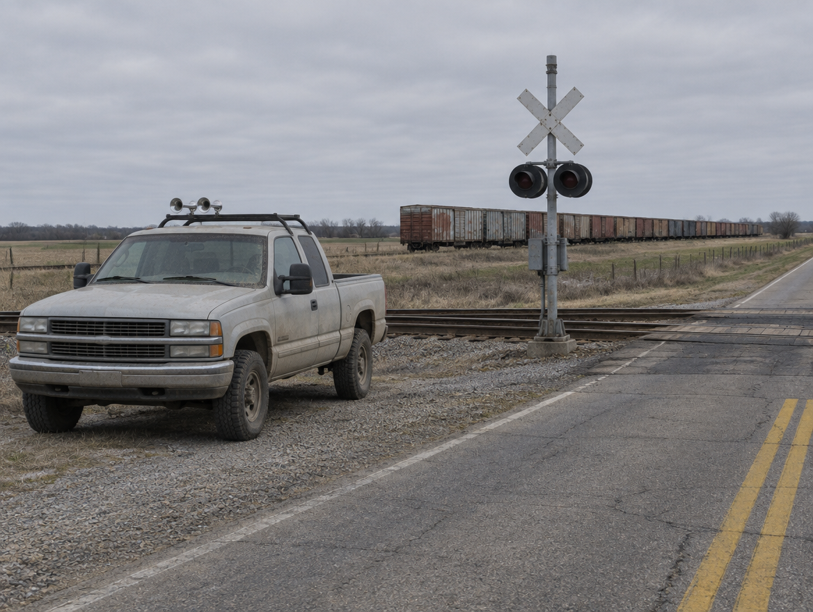 A dusty pickup with roof-mounted trumpet horns parked by a rural level crossing, with freight boxcars in the distance.