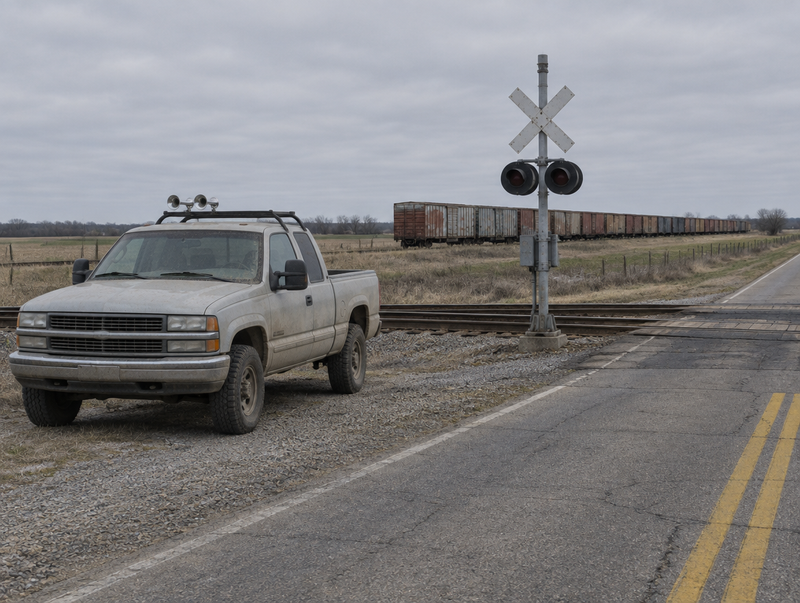 A dusty pickup with roof-mounted trumpet horns parked by a rural level crossing, with freight boxcars in the distance.