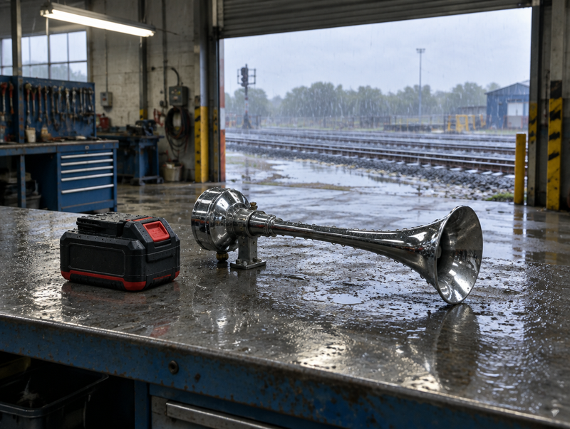 A battery pack and chrome horn on a wet workbench, rain falling outside onto the rails