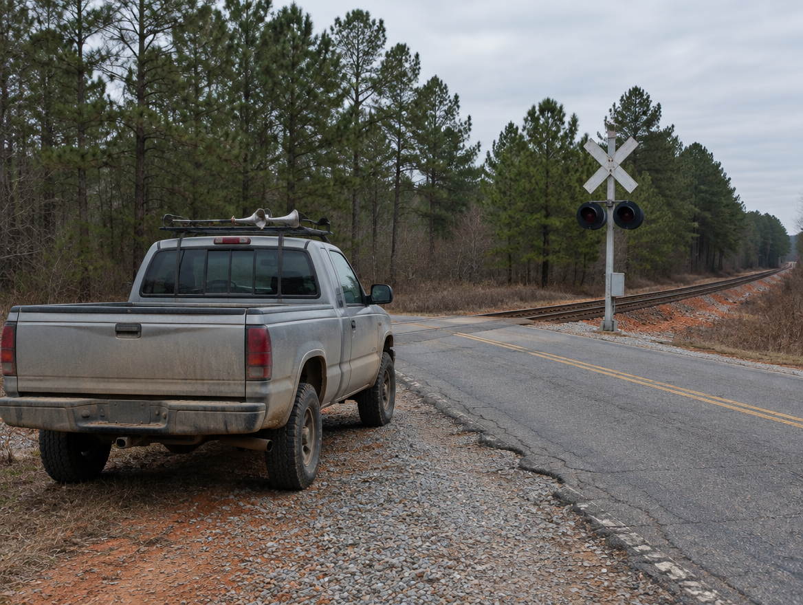 Dusty pickup truck with roof-mounted air horns stopped near a rural railroad crossing with a crossbuck and signal mast