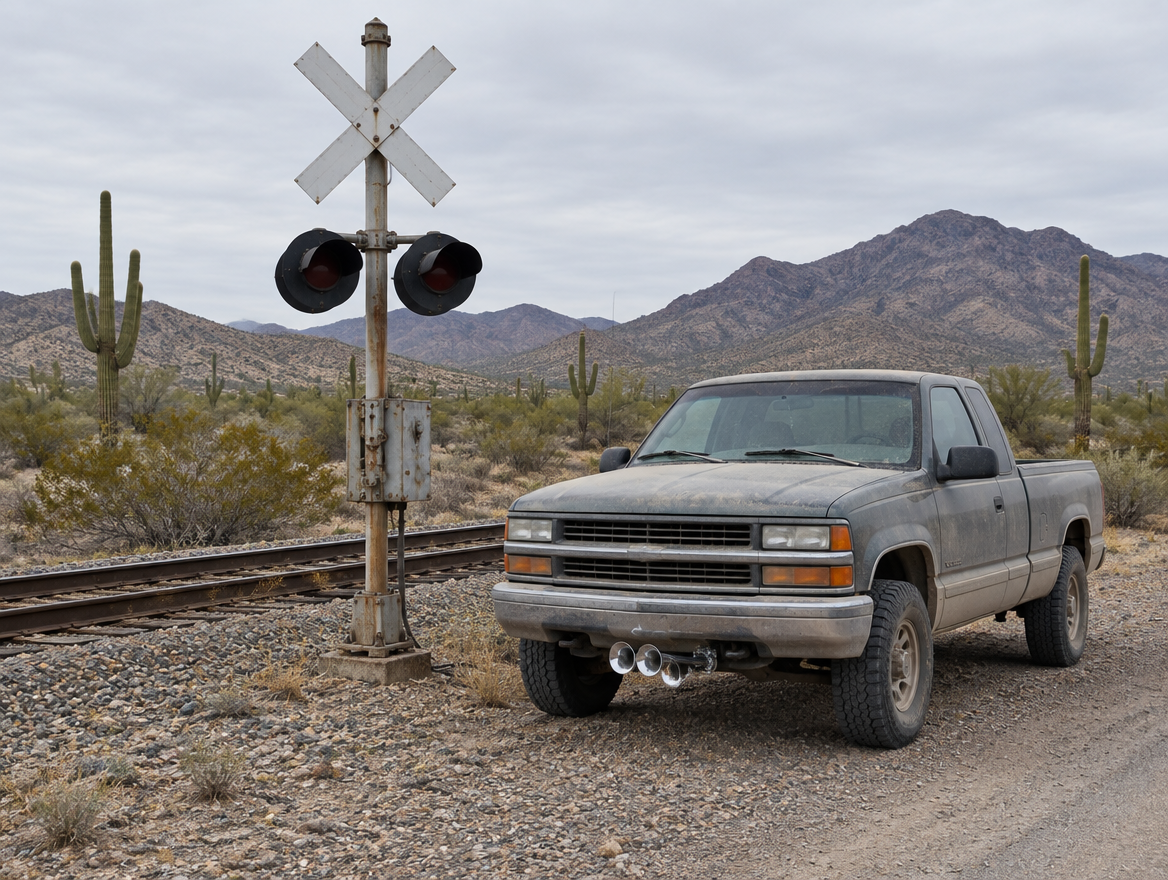 A dusty pickup with chrome trumpet horns parked by a desert railroad crossing among saguaro cacti.