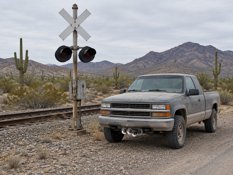 A dusty pickup with chrome trumpet horns parked by a desert railroad crossing among saguaro cacti.