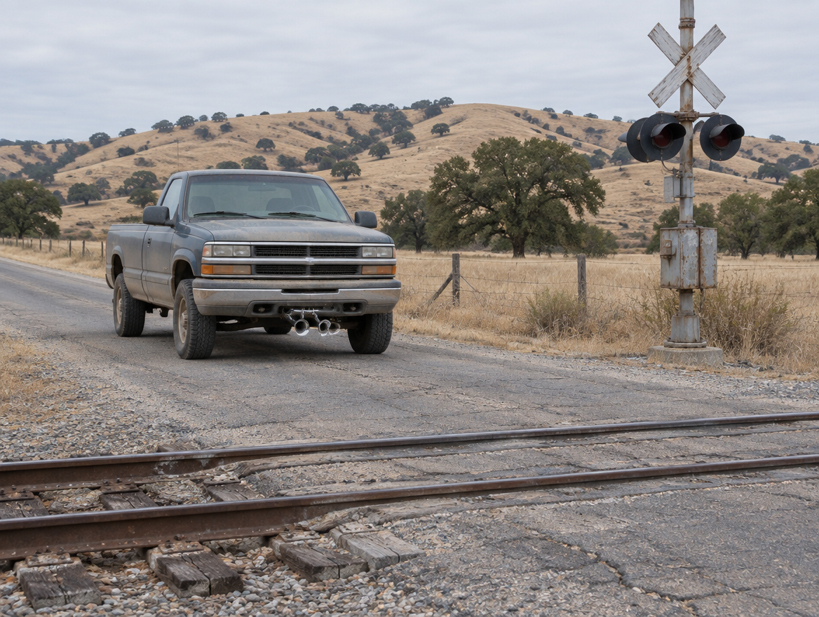 A dusty pickup truck with air horns under its bumper waits at a rural level crossing in dry California grassland.