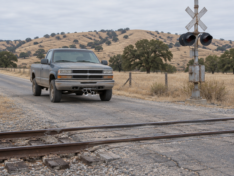 A dusty pickup truck with air horns under its bumper waits at a rural level crossing in dry California grassland.