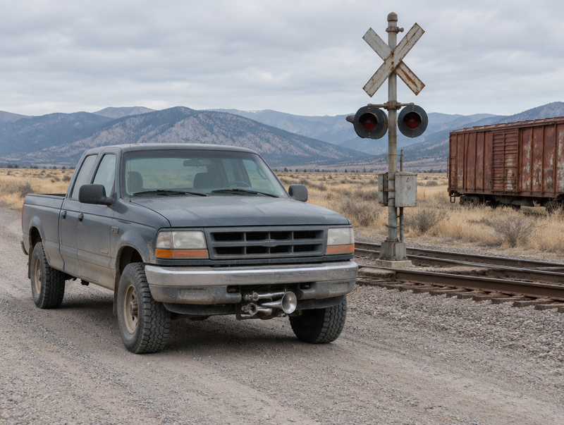 A dusty pickup truck with a chrome air horn under its bumper, stopped at a rural railroad crossing with foothills beyond.