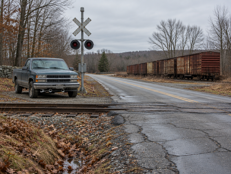 A dusty pickup truck parked on a gravel shoulder near a rural level crossing with freight boxcars on a siding.