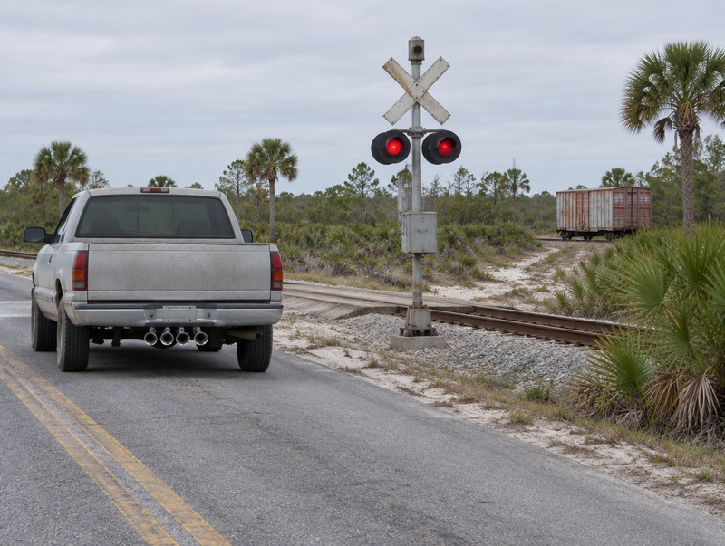 A pickup with chrome trumpet horns under its bumper waits at a rural Florida rail crossing with a crossbuck and signal mast.