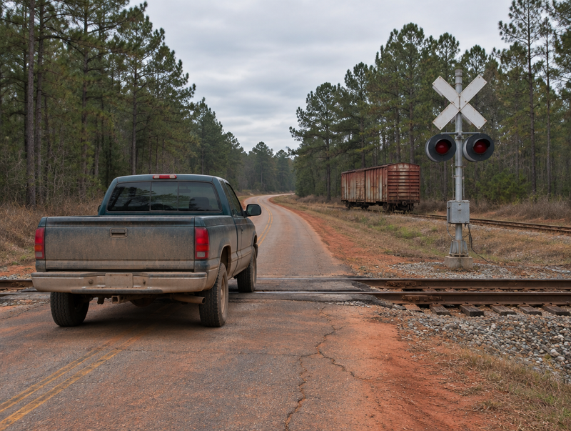 A dusty pickup truck stopped at a rural Georgia rail crossing with a crossbuck, signal mast and pine trees.