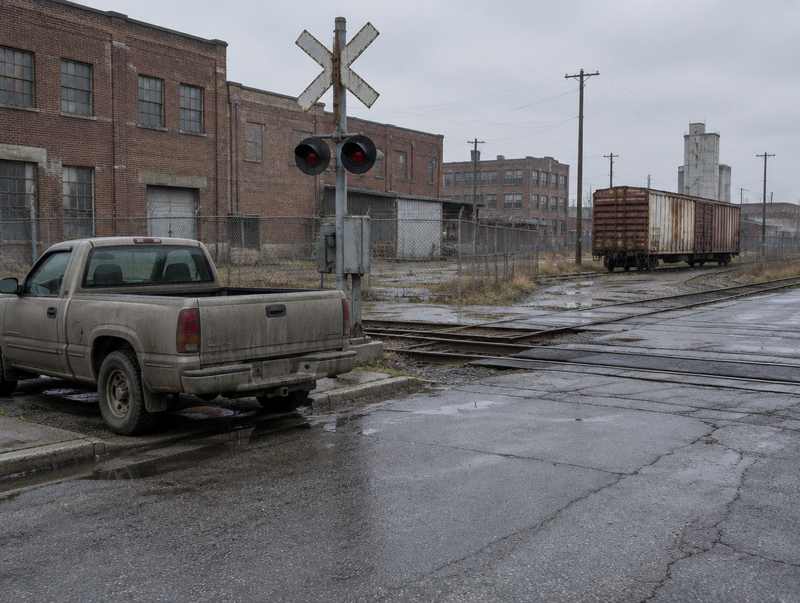 A dusty pickup truck parked near an urban level crossing with a crossbuck, signal mast and brick warehouses behind it.