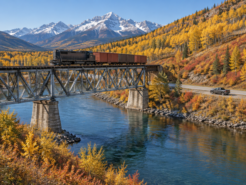 A steel trestle railway bridge with a train crossing a river between golden autumn hills, with a pickup parked nearby.