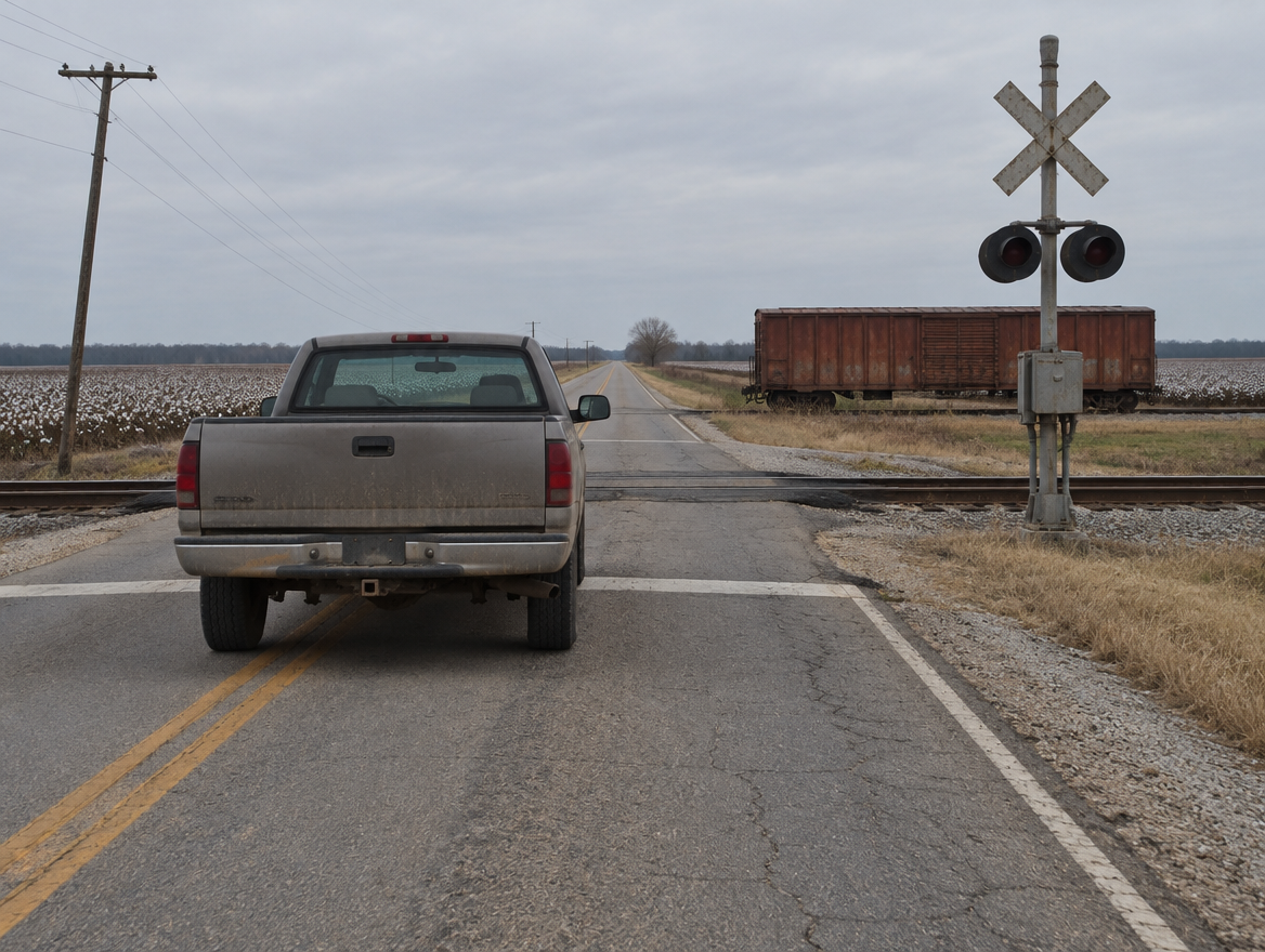 A dusty pickup truck waits at a rural level crossing with a crossbuck, signal mast, and a boxcar on a siding.