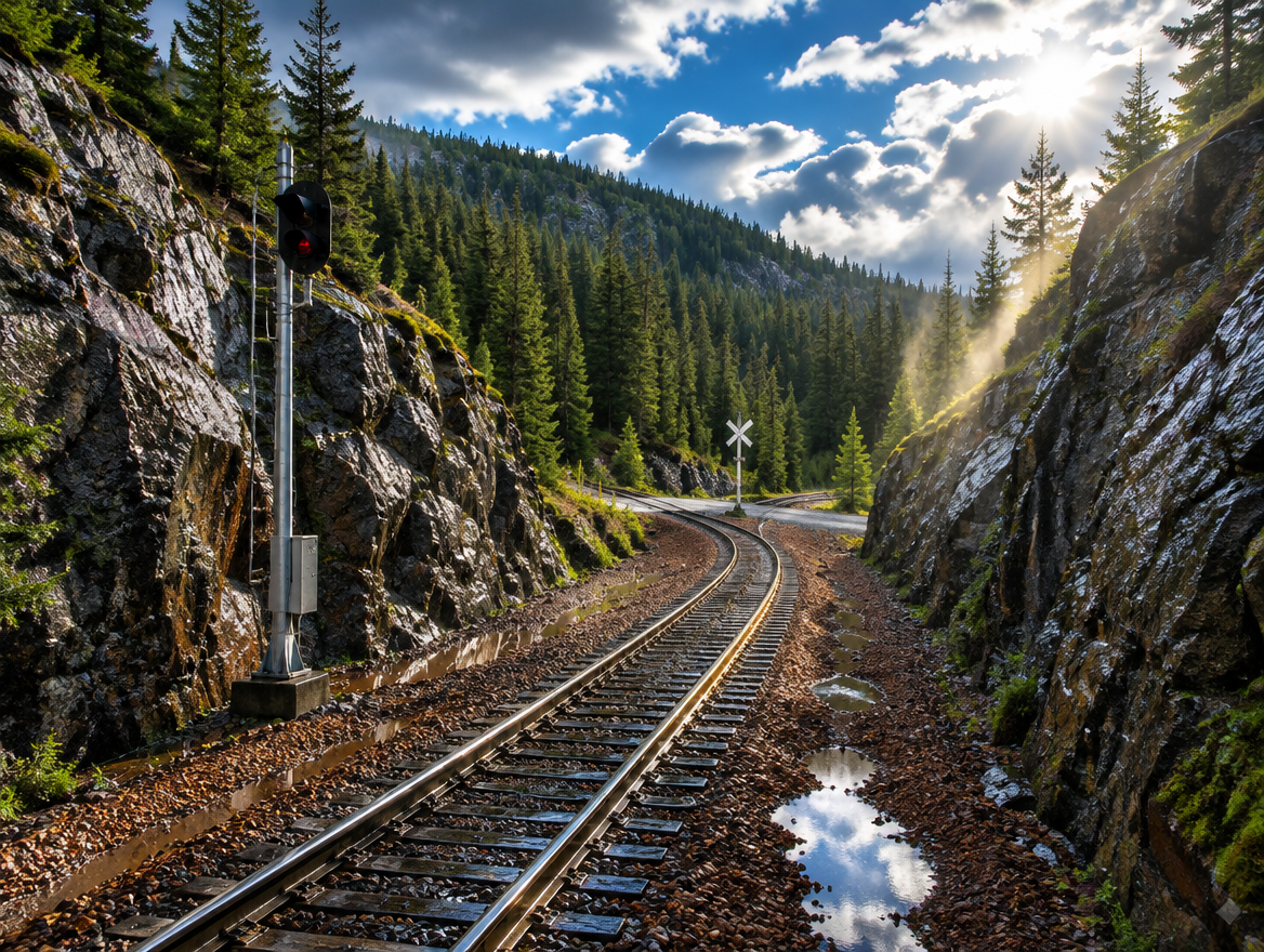 Wet single-track railway curving through a rock cutting and pine forest as sun breaks through after rain