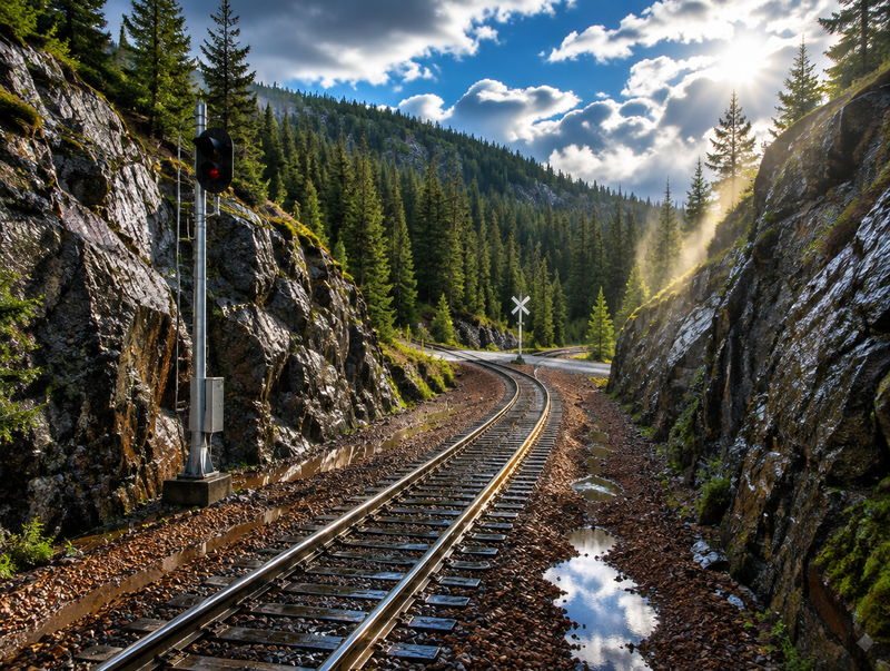 Wet single-track railway curving through a rock cutting and pine forest as sun breaks through after rain
