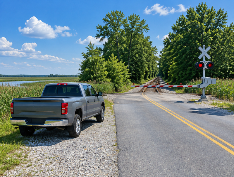 A pickup truck parked on a sunny country road near a railroad crossing with a crossbuck and signal mast under blue sky.