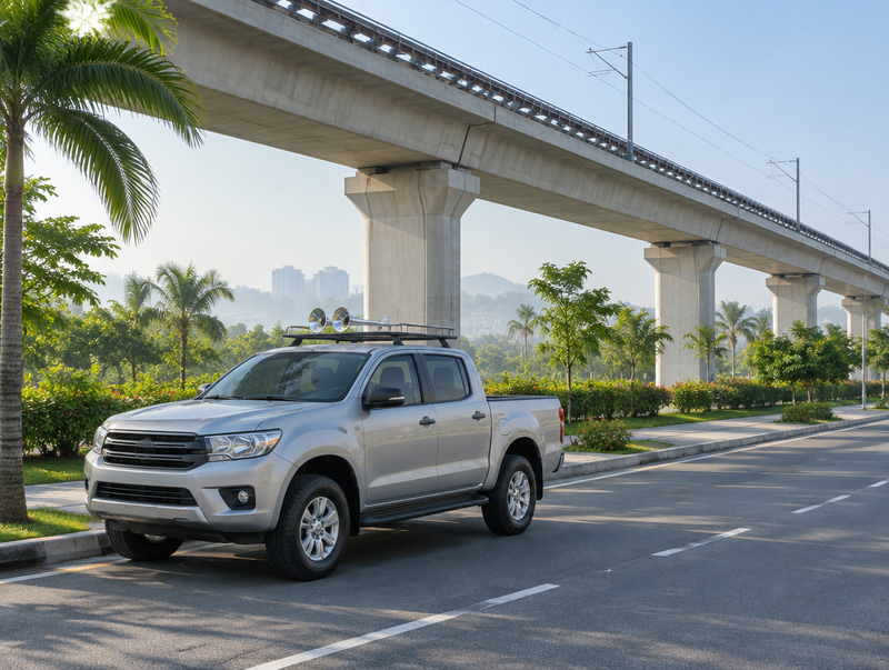 A clean pickup truck with roof-mounted chrome air horns parked on a street beneath an elevated railway viaduct at morning.