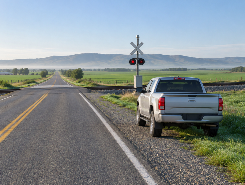 A pickup truck parked on a rural Idaho highway shoulder near a railroad crossing with a crossbuck in morning light.