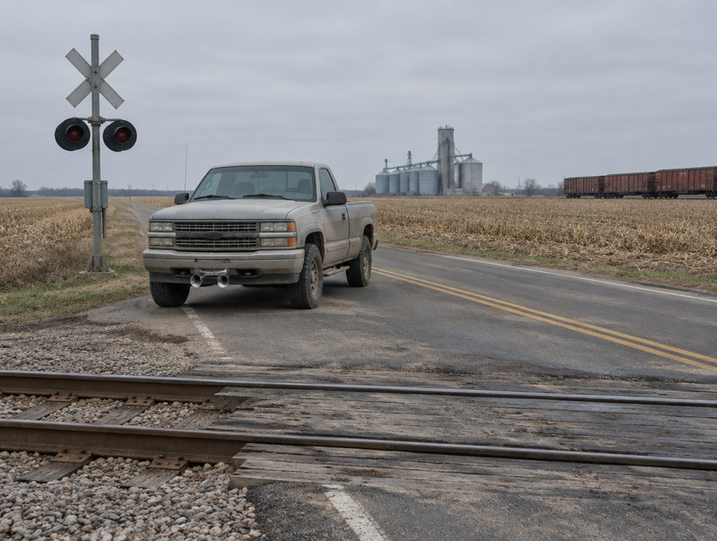 A dusty pickup truck with chrome air horns waits at a rural railway crossing among Iowa cornfields.