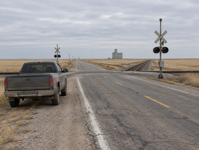A dusty pickup parked on the shoulder of a rural Kansas highway near a railway level crossing with a crossbuck