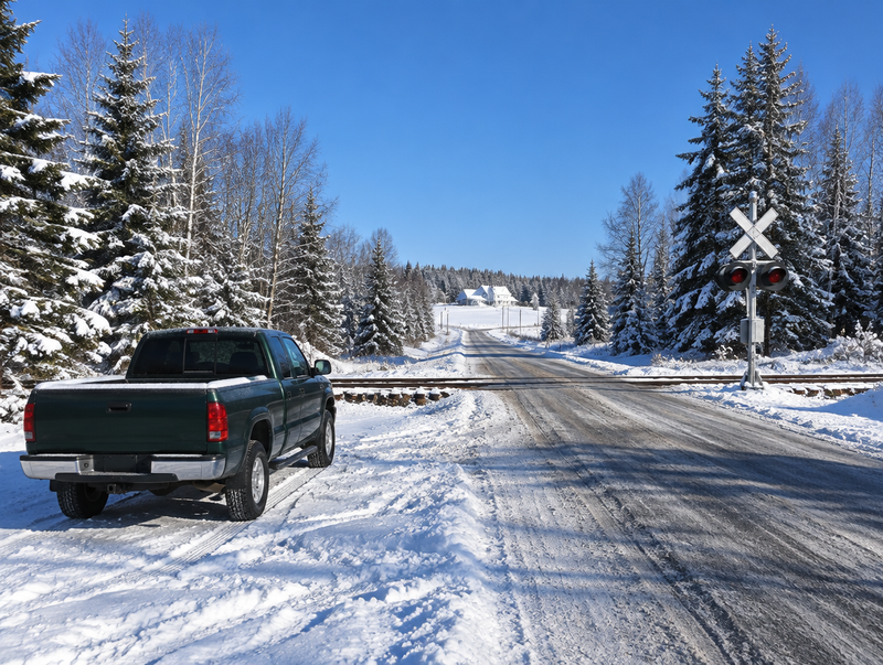 A pickup truck parked near a snowy rural railroad crossing with a crossbuck under a bright blue winter sky in Maine.
