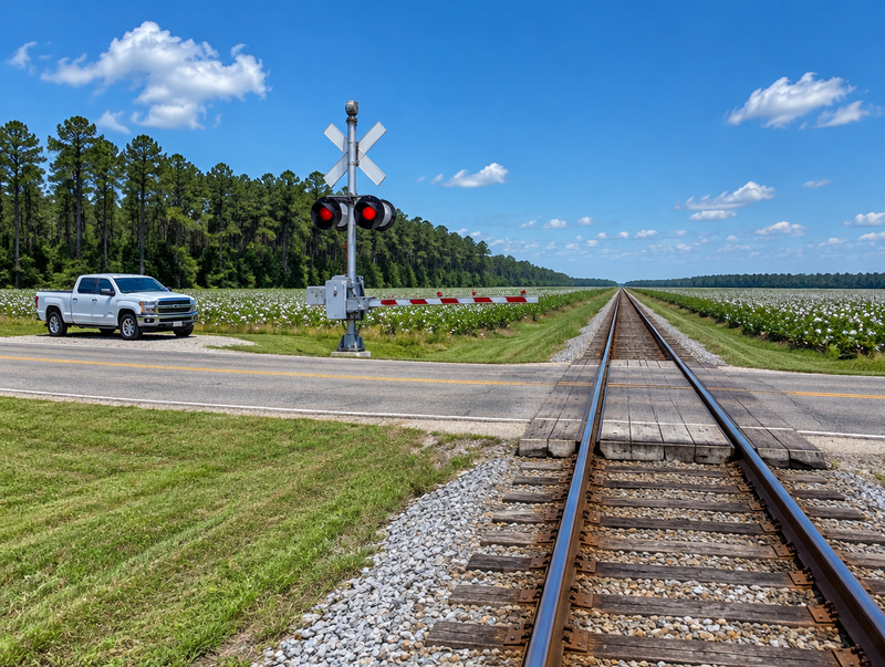 A rural railroad crossing with a crossbuck and signal mast beside a parked pickup truck under a bright blue sky.