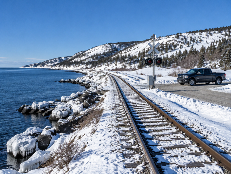 A pickup truck parked by a snowy crossing on a coastal railway, with the sea and a clear blue winter sky.