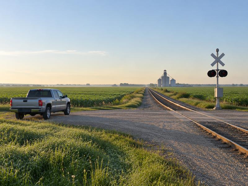 A pickup truck parked by a rural railroad crossing with a crossbuck and signal mast among green Nebraska fields at sunrise.