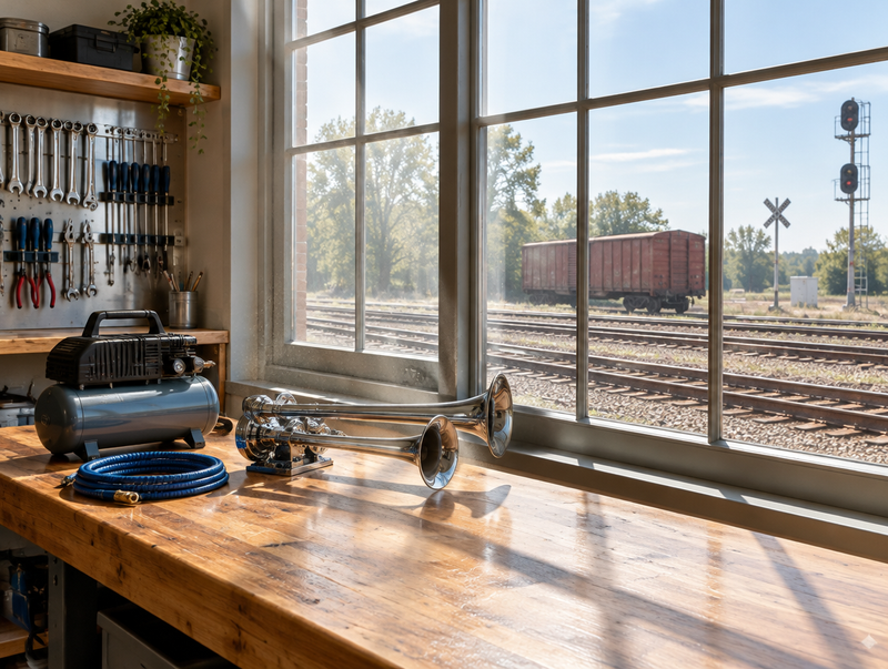 Sunlit workshop bench with a chrome dual-trumpet air horn, with a rail yard and boxcar visible through tall windows.