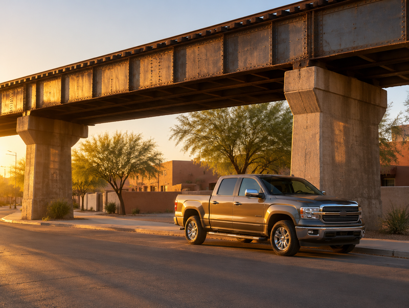 A clean pickup truck parked under an elevated steel railway viaduct on a city street in warm golden-hour light.