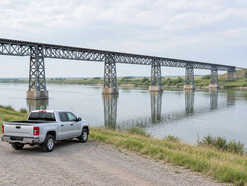 A steel trestle railway bridge over a calm prairie river, with a silver pickup truck parked on the gravel bank.