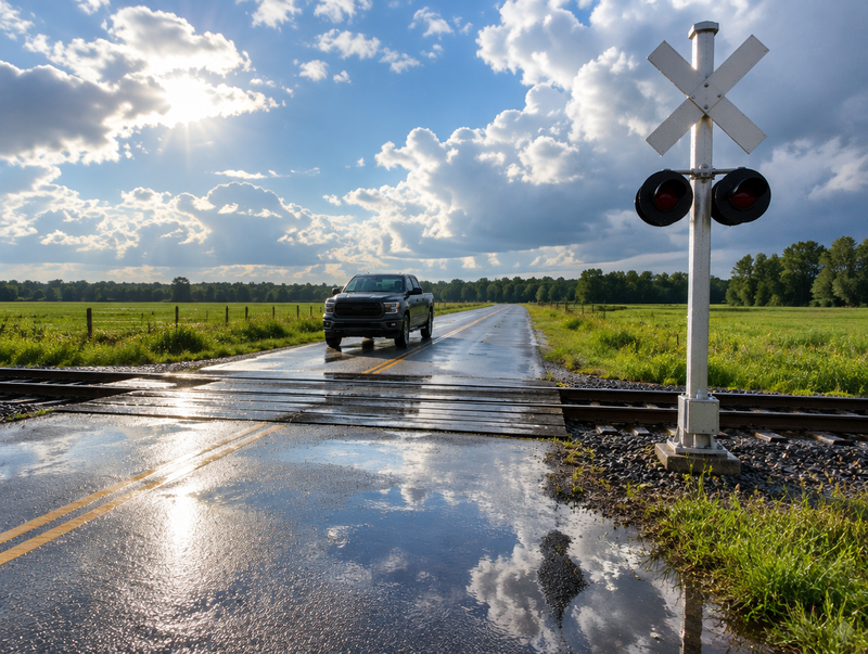A rural railroad crossing with a crossbuck and signal mast on a wet road after rain, a pickup truck waiting nearby.