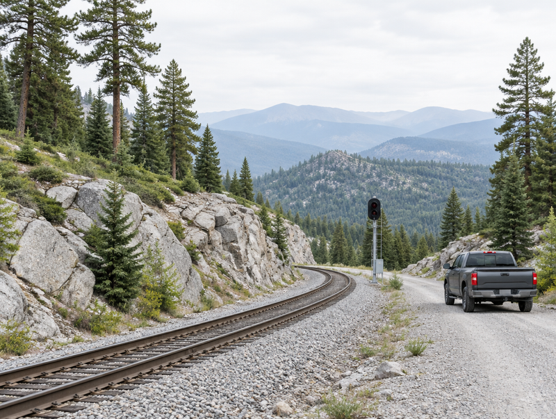 A pickup truck parked on a gravel road beside a mountain railway curving through a rocky cutting and pine forest.