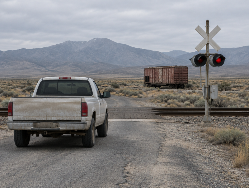 A dusty pickup truck stopped at a rural level crossing with a crossbuck and signal mast in a high-desert valley.