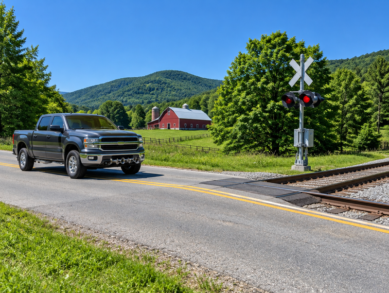 A pickup truck with chrome air horns waits at a rural Vermont railroad crossing under a bright blue sky.
