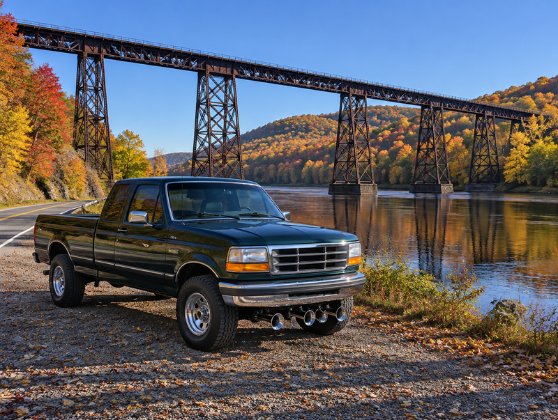 Pickup truck with chrome air horns parked on gravel below a steel trestle rail bridge over a river among autumn trees.