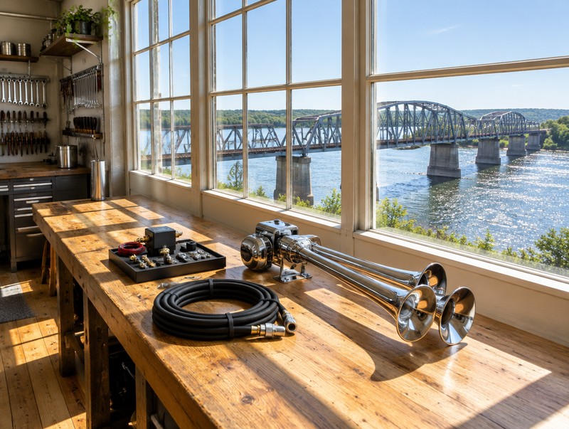 Sunlit wooden workshop with a chrome train horn on the bench and a steel trestle rail bridge over a river outside
