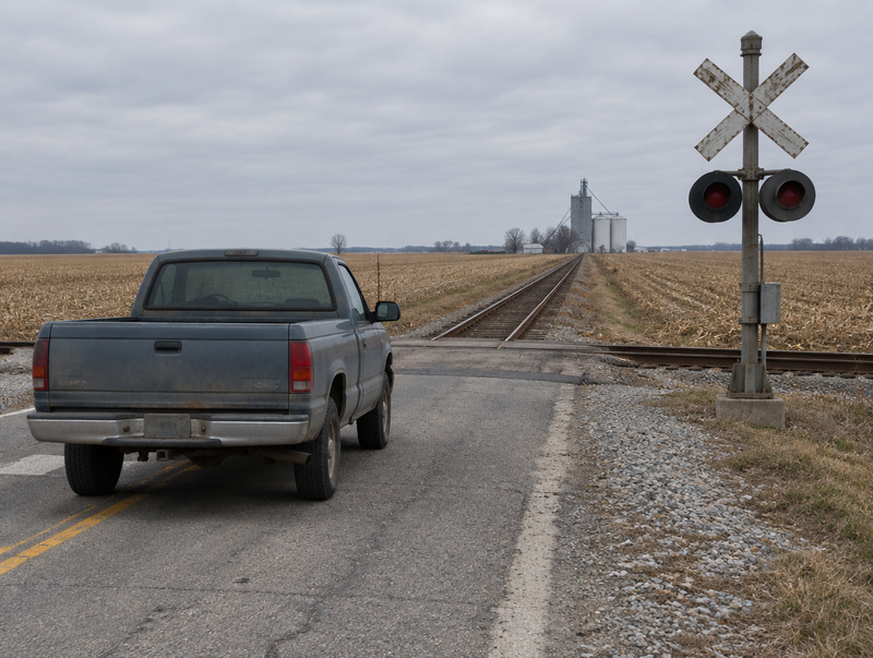 A pickup truck waits at a rural level crossing with a crossbuck and signal mast on flat, overcast Indiana farmland.