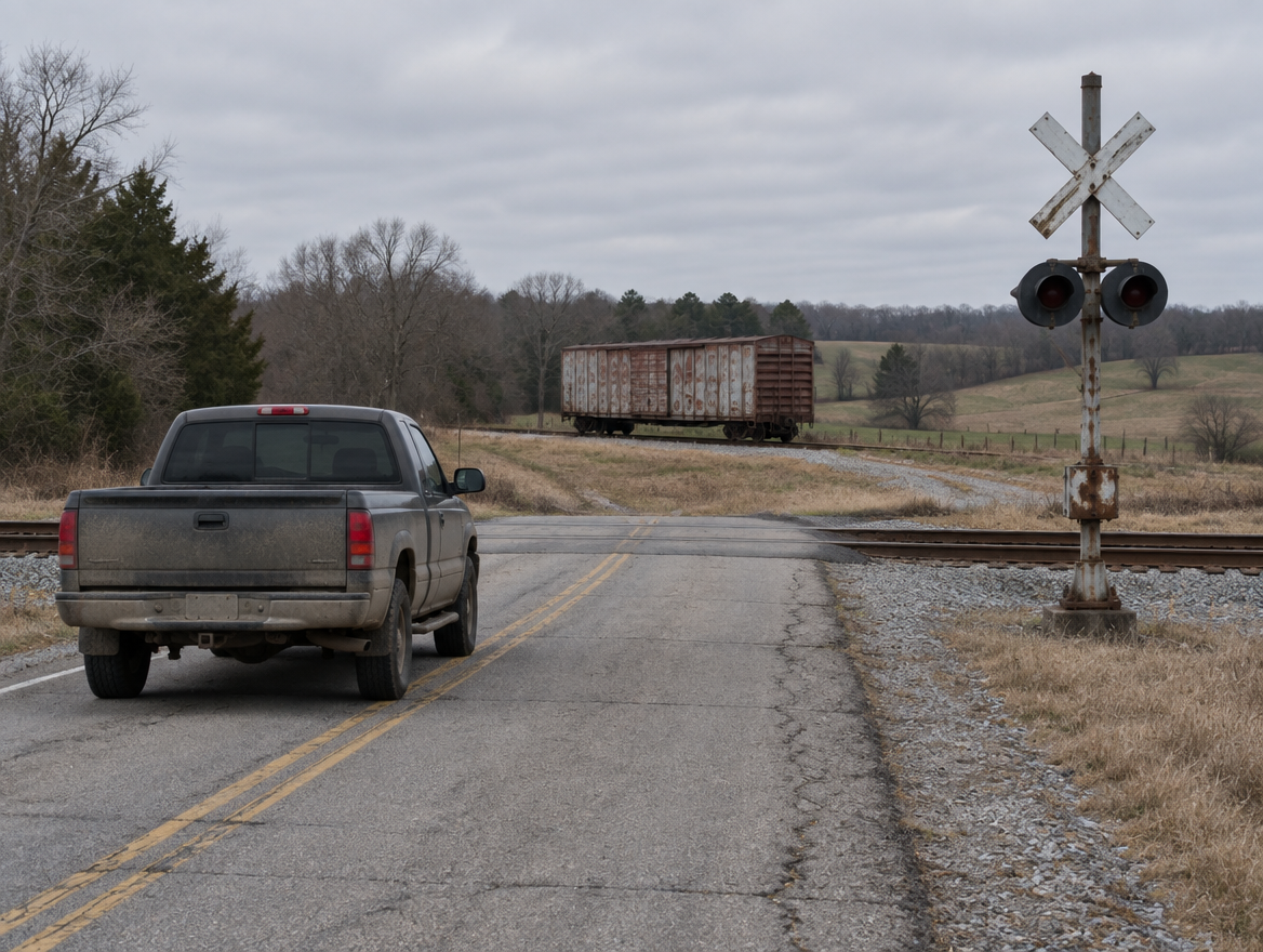 A dusty pickup truck stopped near a rural level crossing with a crossbuck, signal mast, and a boxcar on a siding.